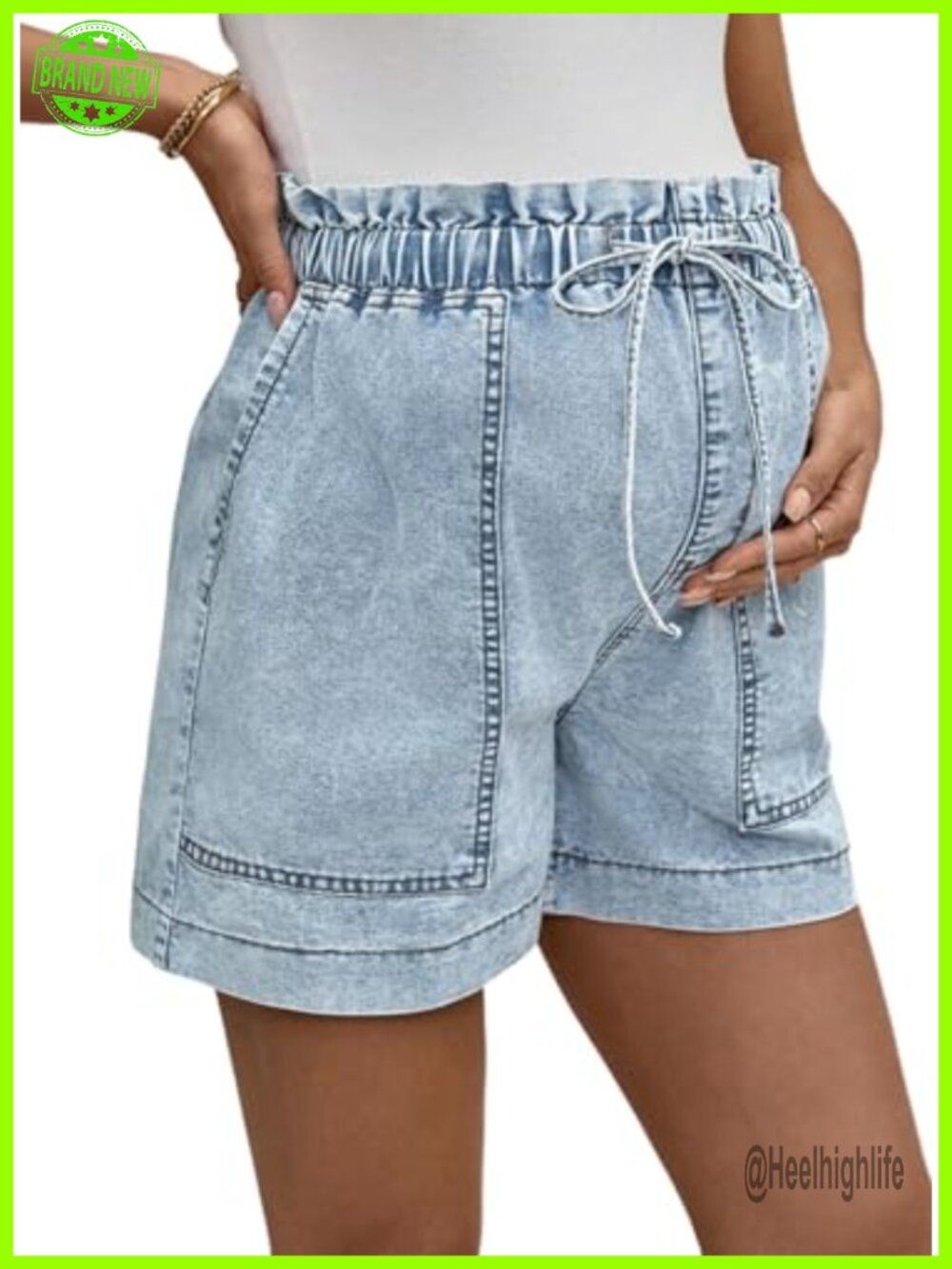 Maternity Jean Shorts High Rise Stretchy Drawstring Shorts